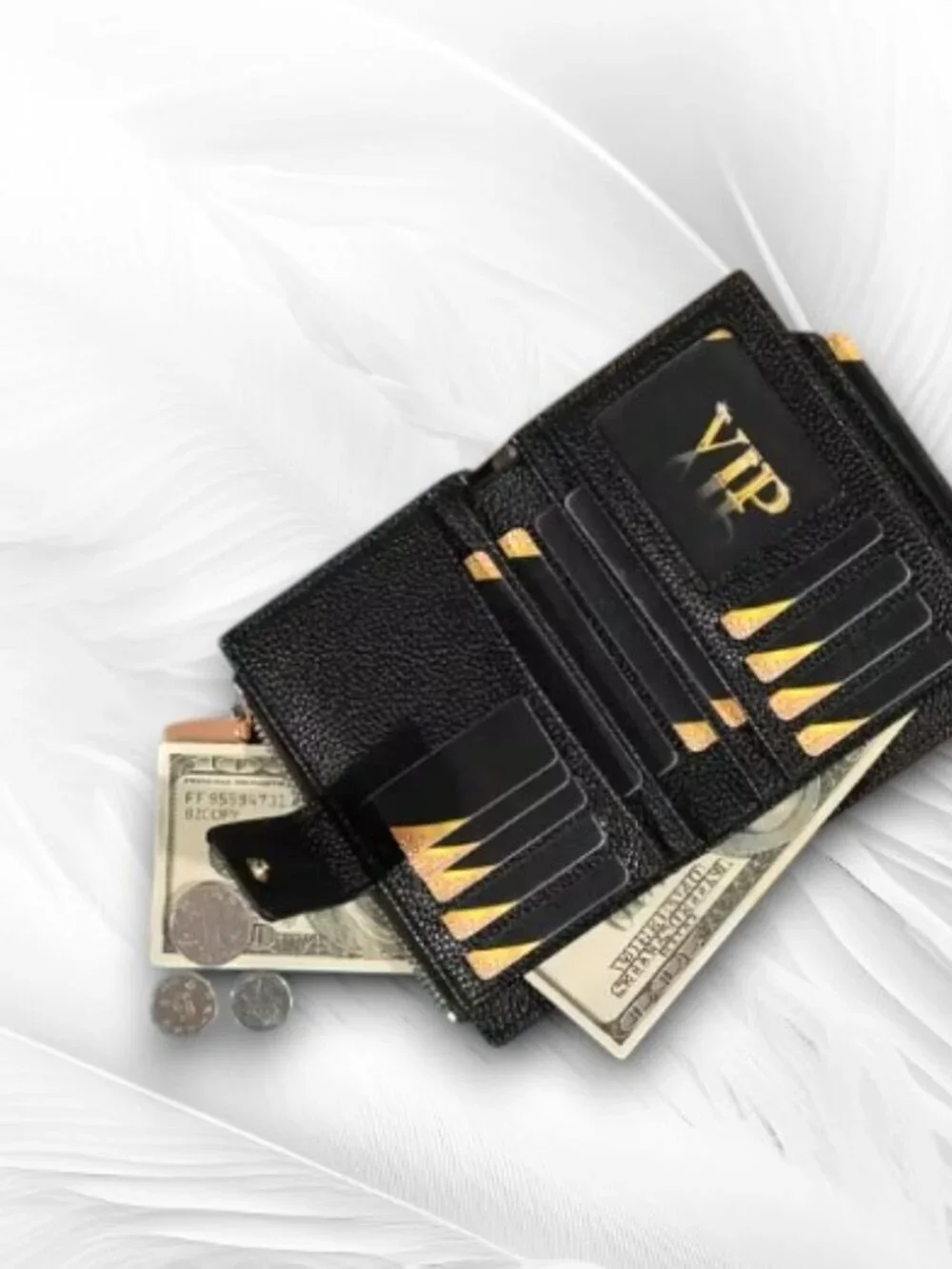 Madley Black Pebbled Leather Bifold Wallet Zip Coin Pocket Gold Hardware